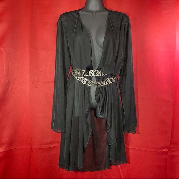 Vintage 90s Sheer Black Nylon Duster Robe – Goth Witchy Maxi Cardigan - Picture 2 of 10